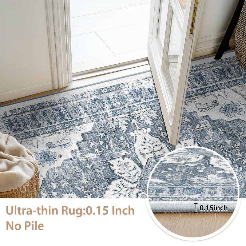 BESTSWEETIE 4ft Area Rug Washable Rugs for Living Room  No Pile Boho Carpet for Entryway Bedroom Dinning Room  Vintage Carpet Print Distressed Non-Slip  48"" Round  Blue Grey White - Image 4