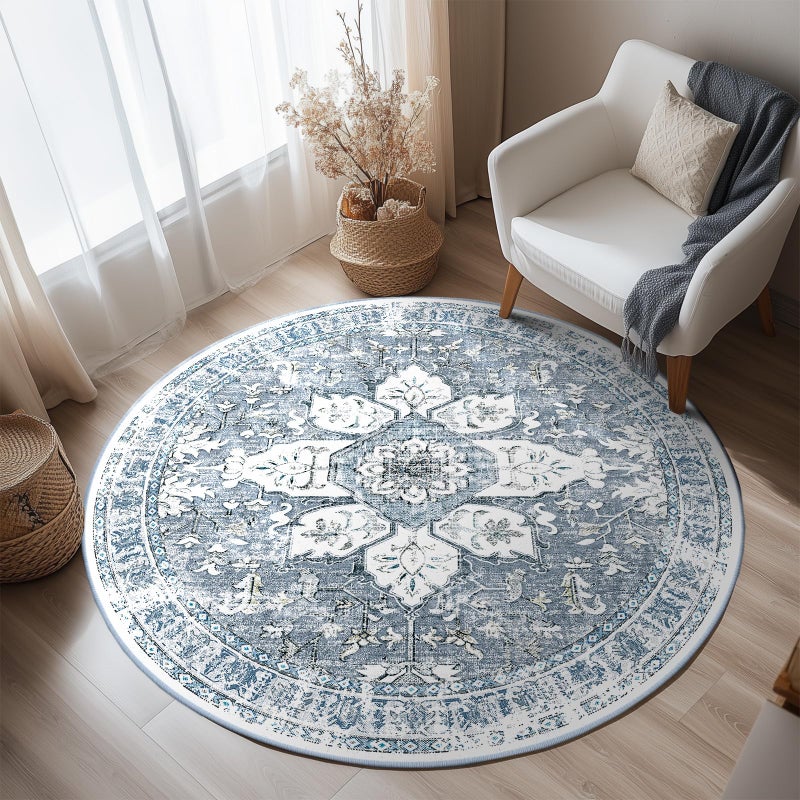 BESTSWEETIE 4ft Area Rug Washable Rugs for Living Room  No Pile Boho Carpet for Entryway Bedroom Dinning Room  Vintage Carpet Print Distressed Non-Slip  48"" Round  Blue Grey White - Image 1