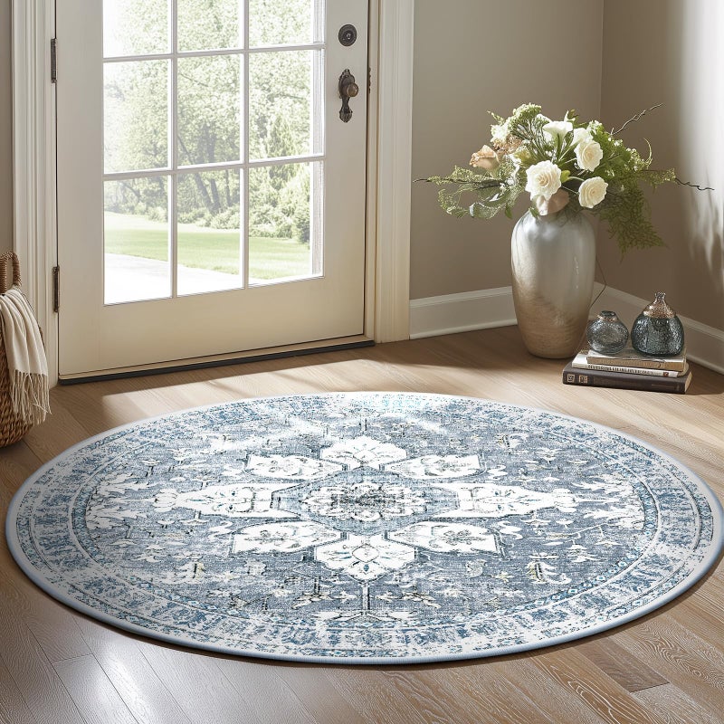 BESTSWEETIE 4ft Area Rug Washable Rugs for Living Room  No Pile Boho Carpet for Entryway Bedroom Dinning Room  Vintage Carpet Print Distressed Non-Slip  48"" Round  Blue Grey White - Image 2