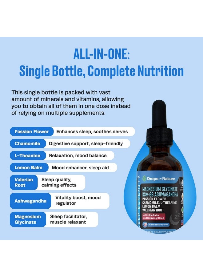 Drops of Nature قطرات سائلة من مغنيسيوم جليسينات وأشواغاندا مع جذر فاليريان، بابونج، زهرة العاطفة، بلسم الليمون و L-ثيانين - امتصاص سريع نباتي - مكمل للصحة والاسترخاء (توت مختلط، 60 مل) - Image 3