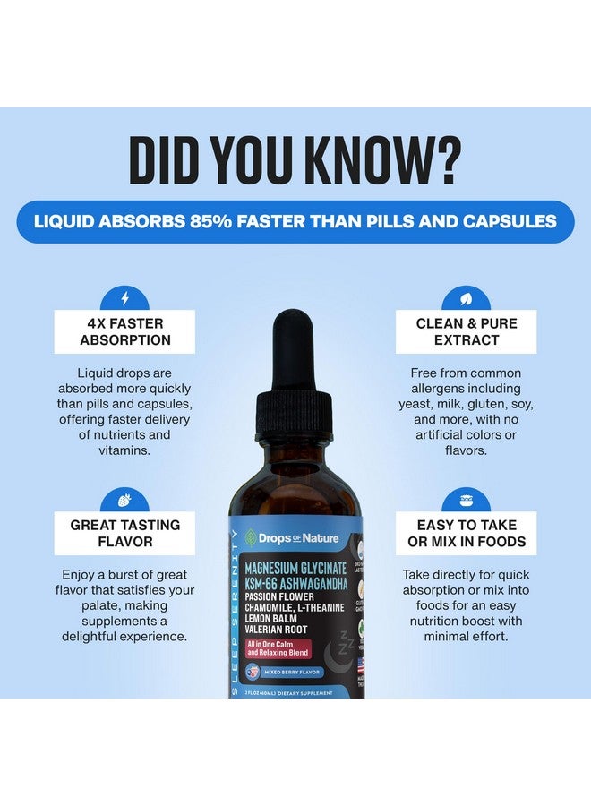 Drops of Nature قطرات سائلة من مغنيسيوم جليسينات وأشواغاندا مع جذر فاليريان، بابونج، زهرة العاطفة، بلسم الليمون و L-ثيانين - امتصاص سريع نباتي - مكمل للصحة والاسترخاء (توت مختلط، 60 مل) - Image 5