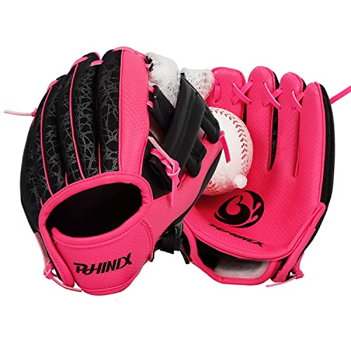 PHINIX Baseball Glove Tee-Ball Mitts for Kids Play & Training 8 .5"- 9" (8.5", Pink with Ball) - Image 1