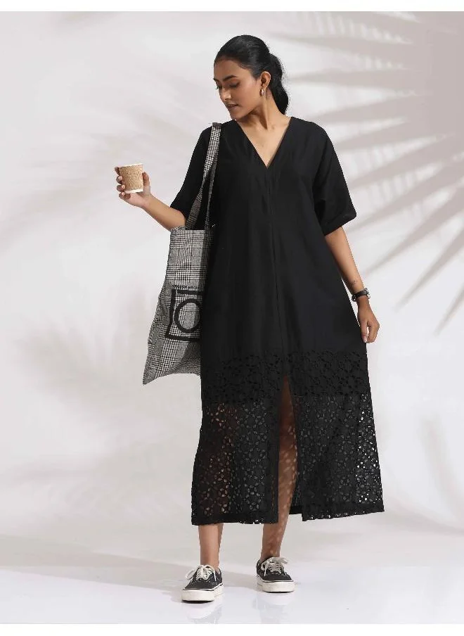 ترو برونز trueBrowns Black Cotton Schiffli Slit Dress