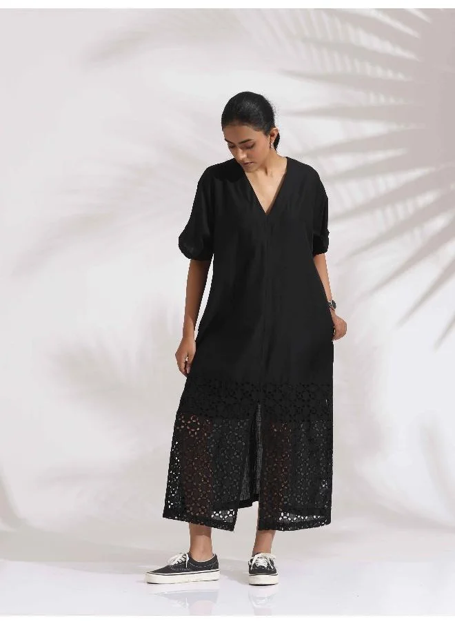 ترو برونز trueBrowns Black Cotton Schiffli Slit Dress