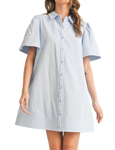 Meyhad Womens Short Sleeve Button Down Mini Shirt Dress Lapel Collar Short Dresses with Pocket(0942-LightBlue-S) - Image 1