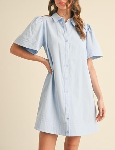 Meyhad Womens Short Sleeve Button Down Mini Shirt Dress Lapel Collar Short Dresses with Pocket(0942-LightBlue-S) - Image 2