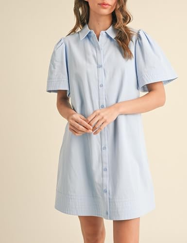 Meyhad Womens Short Sleeve Button Down Mini Shirt Dress Lapel Collar Short Dresses with Pocket(0942-LightBlue-S) - Image 5
