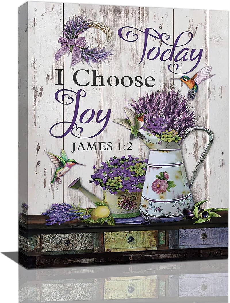 Tijuboni Purple Lavender Wall Art Farmhouse Today I Choose Joy Pictures Canvas Decor Country Flower Hummingbird Painting Prints Framed Artwork for Living Room Bedroom Bathroom 12x16 - Image 1