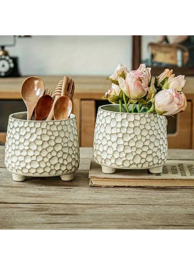 Rustic Ceramic Kitchen Utensil Holder Three Legged Pine Cone Shape With Hexagonal Pattern Light Grey Interior For Countertop Organization Farmhouse Decor Storage For Wooden Metal Spoons Handcrafted Look - Image 2