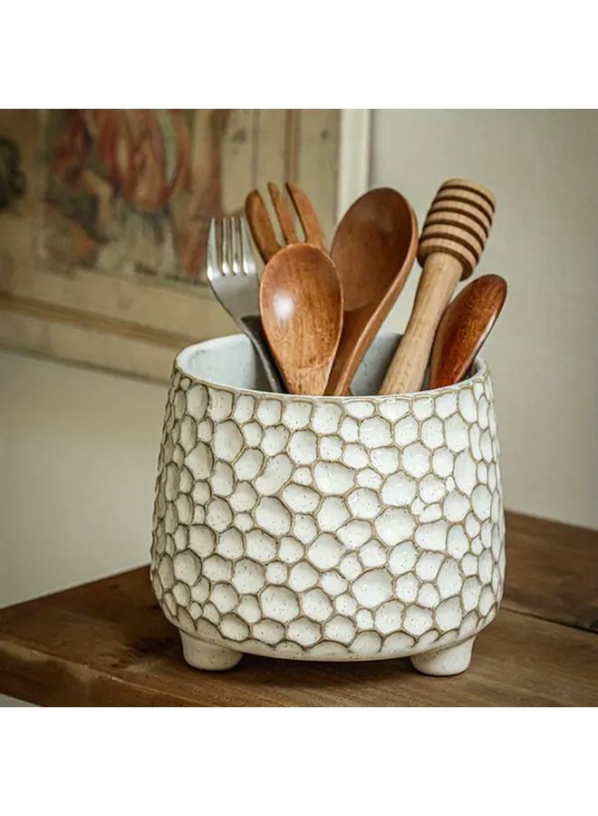 Rustic Ceramic Kitchen Utensil Holder Three Legged Pine Cone Shape With Hexagonal Pattern Light Grey Interior For Countertop Organization Farmhouse Decor Storage For Wooden Metal Spoons Handcrafted Look - Image 1