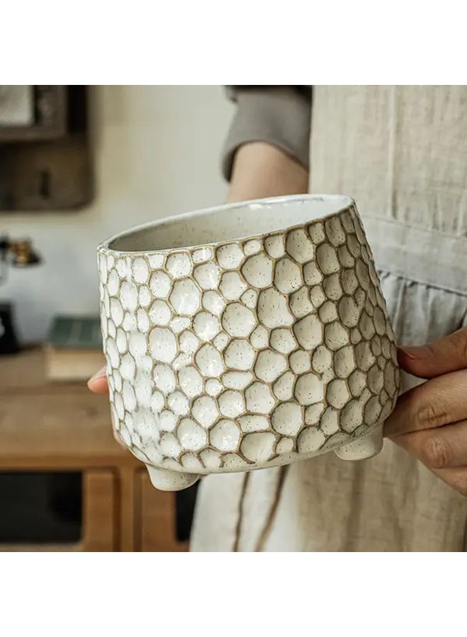 Rustic Ceramic Kitchen Utensil Holder Three Legged Pine Cone Shape With Hexagonal Pattern Light Grey Interior For Countertop Organization Farmhouse Decor Storage For Wooden Metal Spoons Handcrafted Look - Image 4