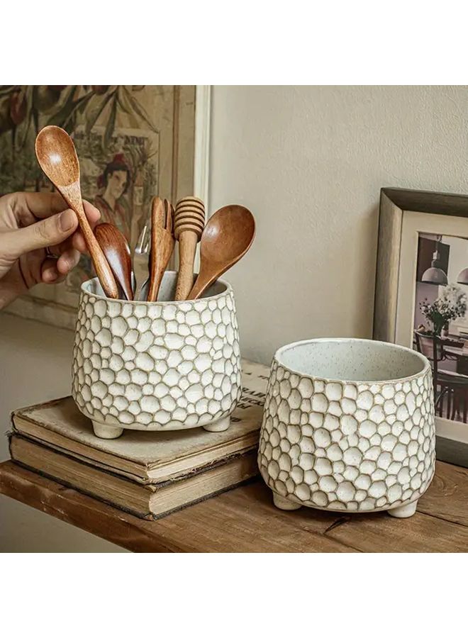 Rustic Ceramic Kitchen Utensil Holder Three Legged Pine Cone Shape With Hexagonal Pattern Light Grey Interior For Countertop Organization Farmhouse Decor Storage For Wooden Metal Spoons Handcrafted Look - Image 5