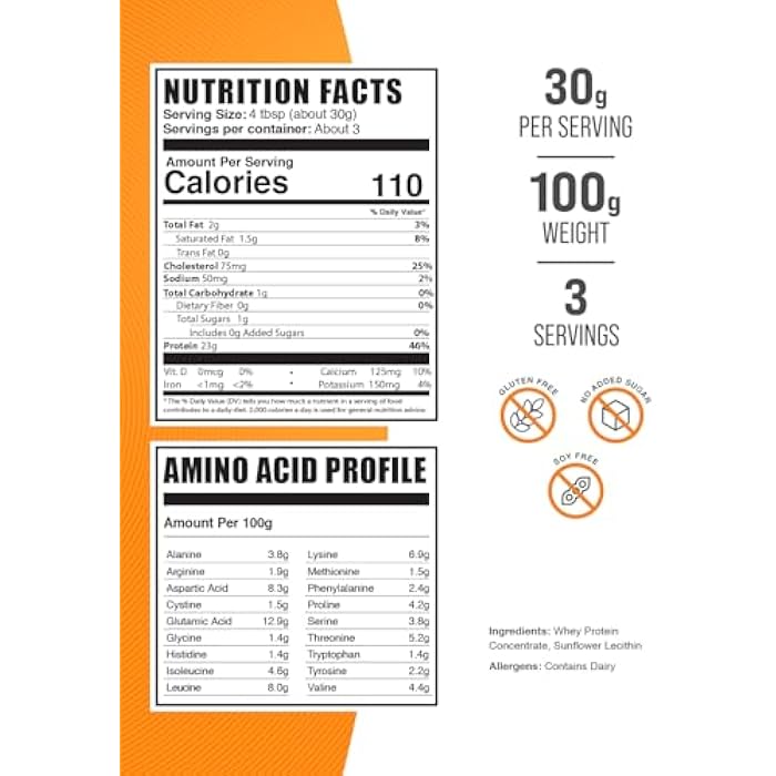 BulkSupplements.com Whey Protein Concentrate Powder - Whey Protein Powder Supplement, Unsweetened, Unflavored & Gluten Free, 30g per Serving, 100g (3.5 oz) (Pack of 1) - Image 2
