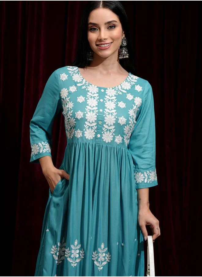 Vishudh Vishudh Women Embroidered Round Neck A-Line Midi Dress