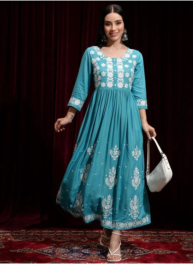 Vishudh Vishudh Women Embroidered Round Neck A-Line Midi Dress
