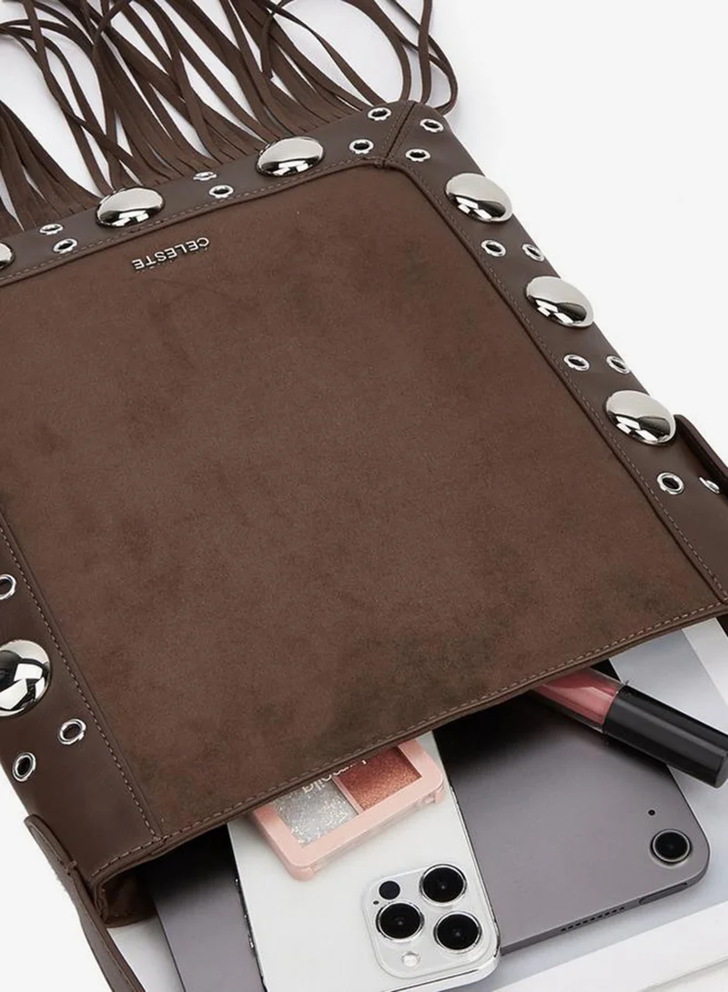 Celeste Brown Studded Shoulder Bag with Fringe Hem for Women | Best Price UAE