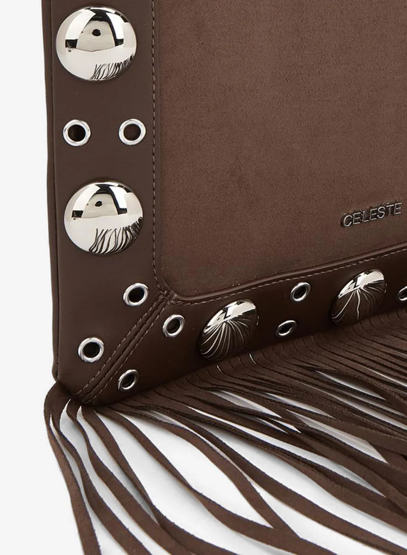 Celeste Brown Studded Shoulder Bag with Fringe Hem for Women | Best Price UAE