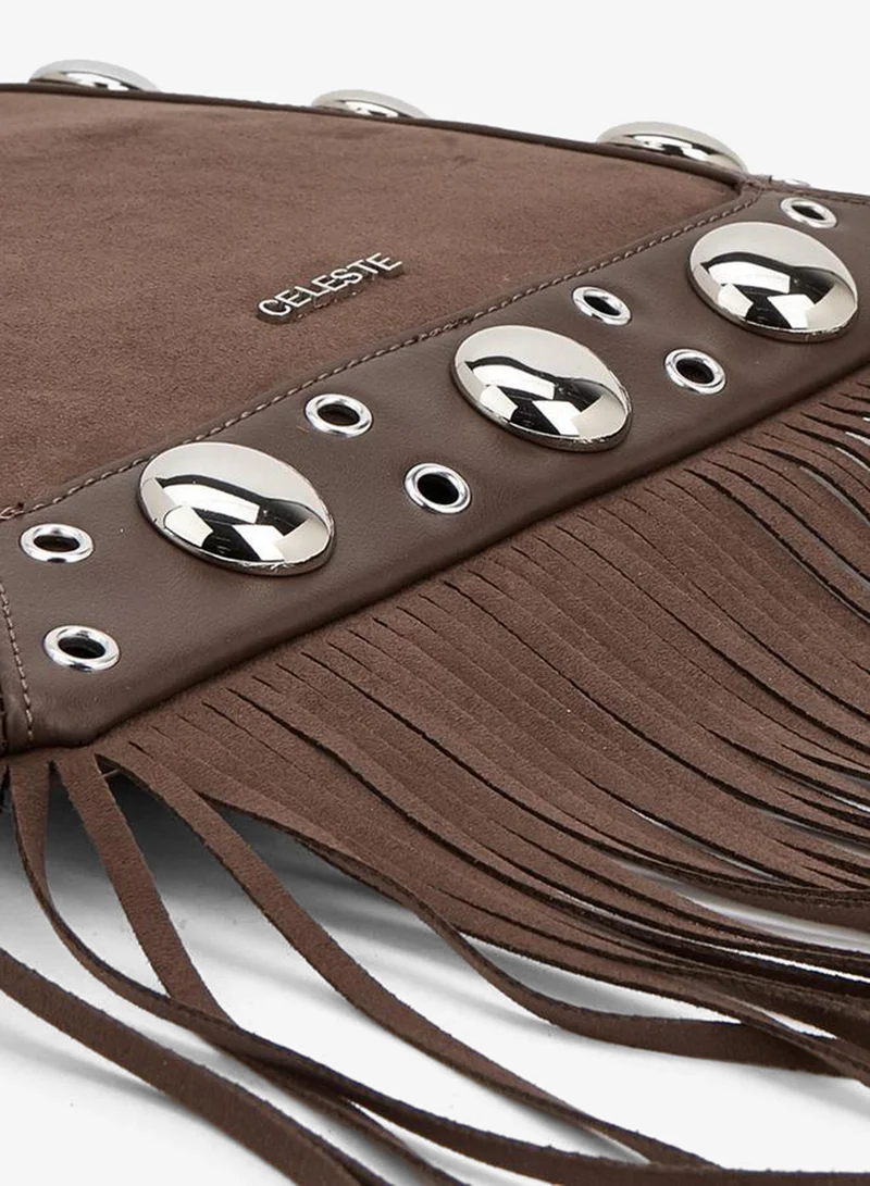 Celeste Brown Studded Shoulder Bag with Fringe Hem for Women | Best Price UAE