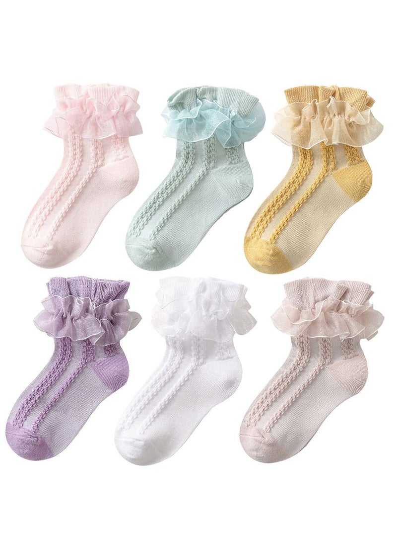 KASTWAVE 6 Pairs Girls Lace Ruffle Cotton Frilly Ankle Socks Cotton White Princess Dance Dress Socks for Little/Big Kids 4-6Y (6 colors) - Image 1