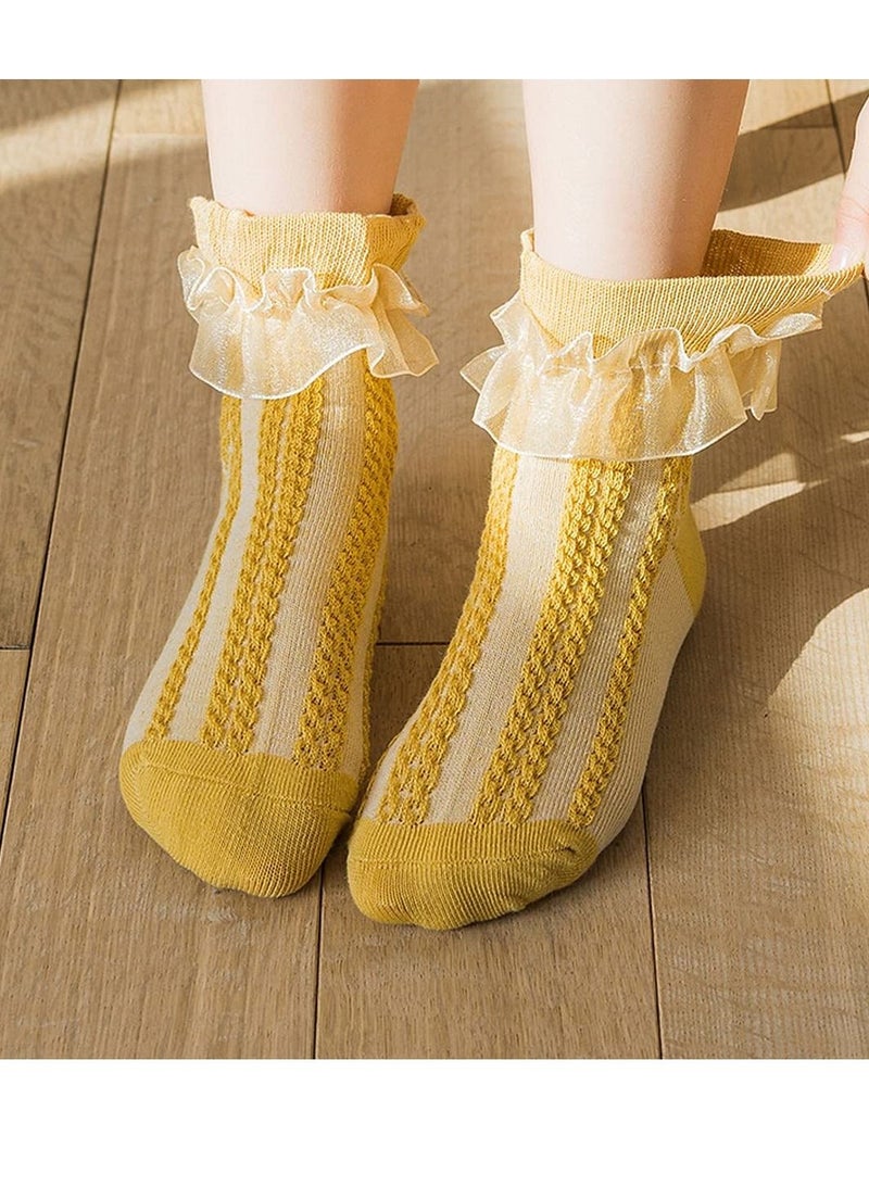 KASTWAVE 6 Pairs Girls Lace Ruffle Cotton Frilly Ankle Socks Cotton White Princess Dance Dress Socks for Little/Big Kids 4-6Y (6 colors) - Image 3