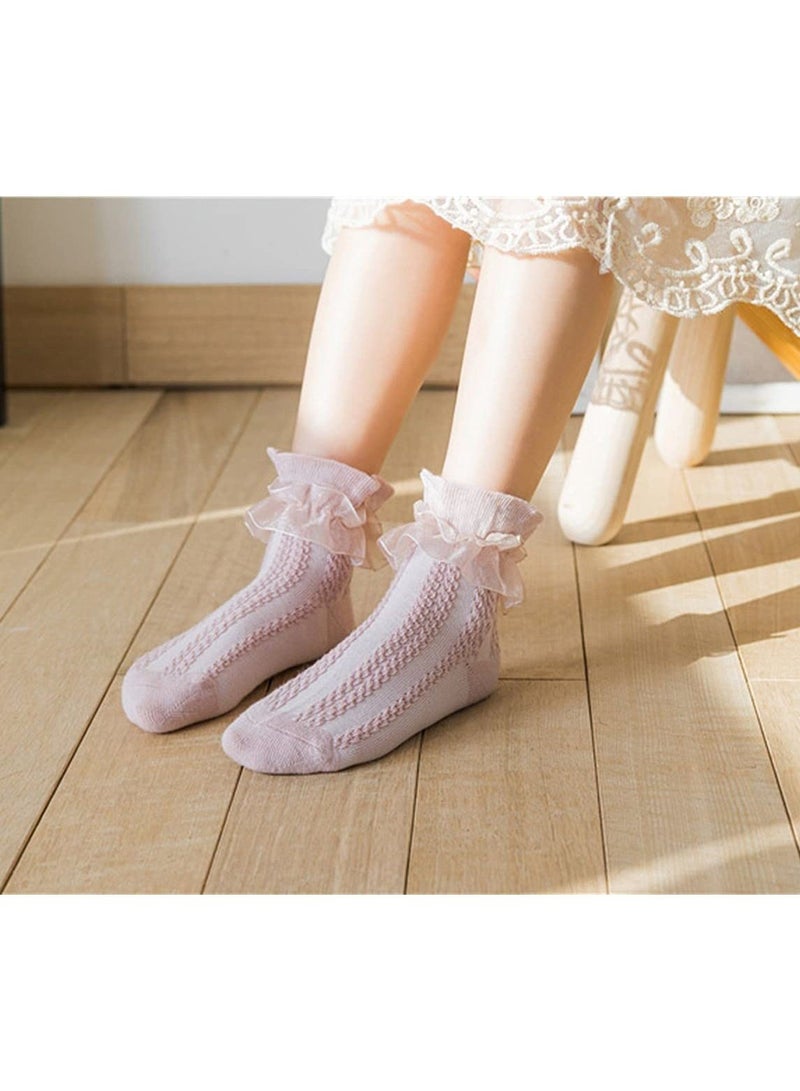 KASTWAVE 6 Pairs Girls Lace Ruffle Cotton Frilly Ankle Socks Cotton White Princess Dance Dress Socks for Little/Big Kids 4-6Y (6 colors) - Image 5