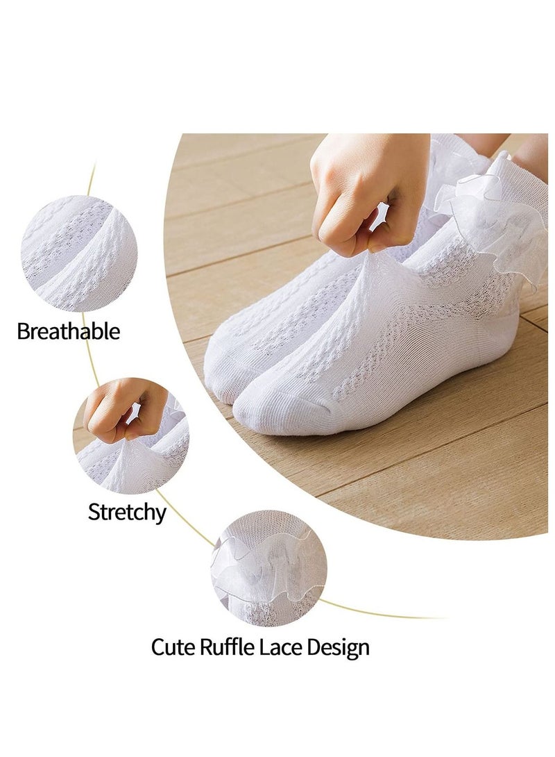 KASTWAVE 6 Pairs Girls Lace Ruffle Cotton Frilly Ankle Socks Cotton White Princess Dance Dress Socks for Little/Big Kids 4-6Y (6 colors) - Image 2