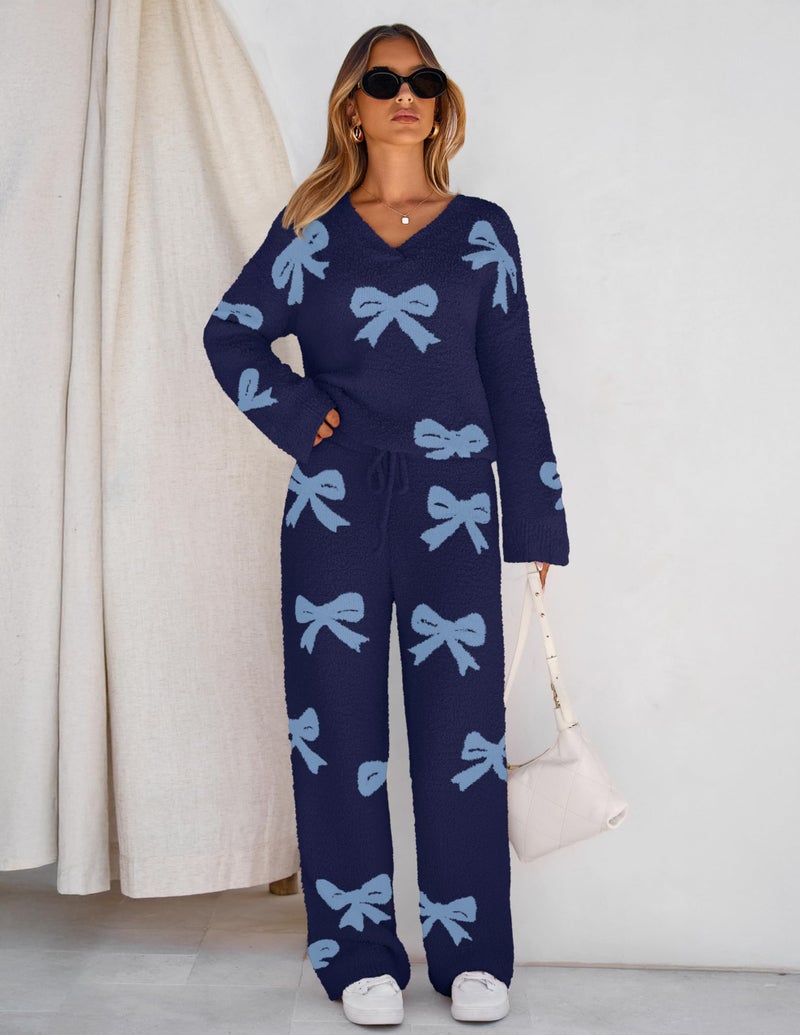 MEROKEETY Women's 2 Piece Outfits Fuzzy Fleece Pajama Set Long Sleeve Top Wide Leg Pants Loungewear, Bownavy, X-Large - Image 2