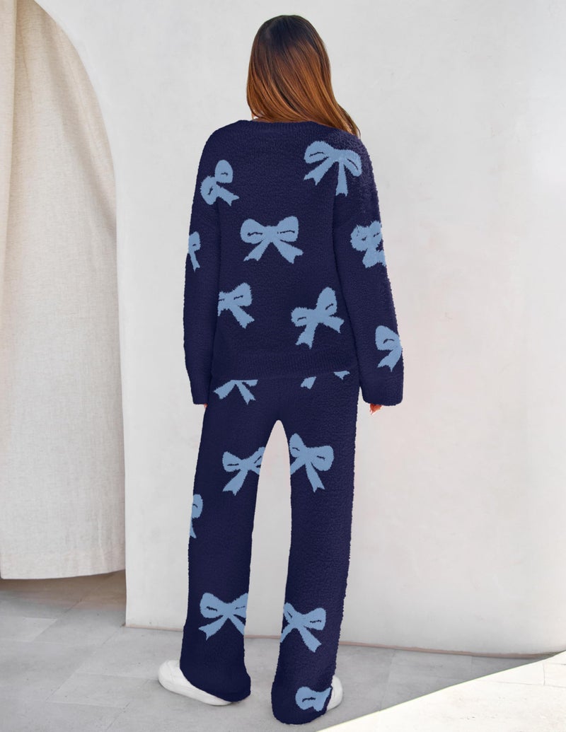 MEROKEETY Women's 2 Piece Outfits Fuzzy Fleece Pajama Set Long Sleeve Top Wide Leg Pants Loungewear, Bownavy, X-Large - Image 3