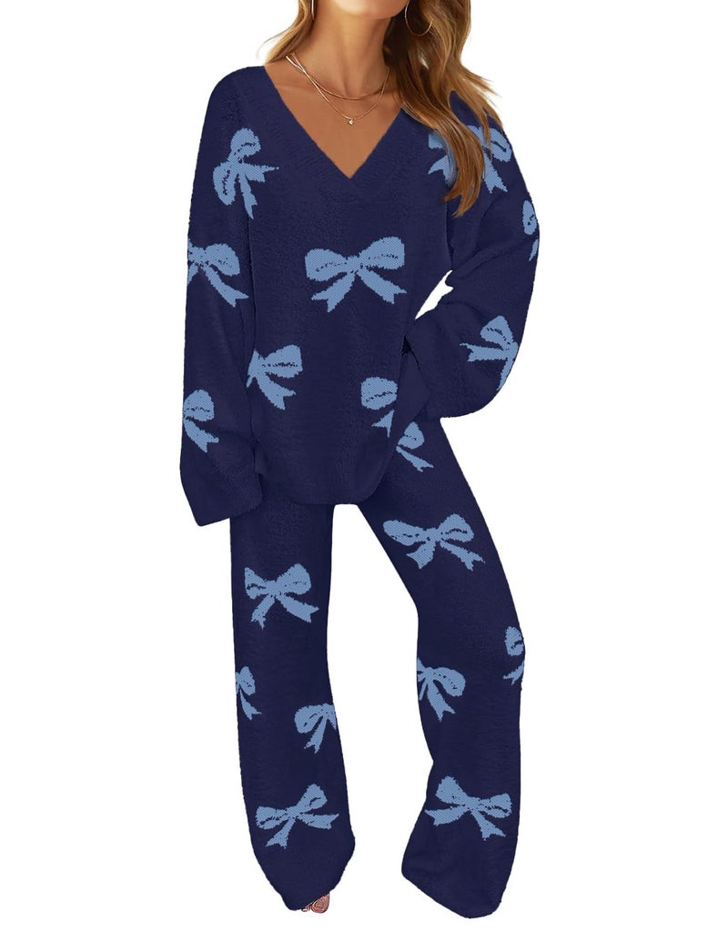 MEROKEETY Women's 2 Piece Outfits Fuzzy Fleece Pajama Set Long Sleeve Top Wide Leg Pants Loungewear, Bownavy, X-Large - Image 1