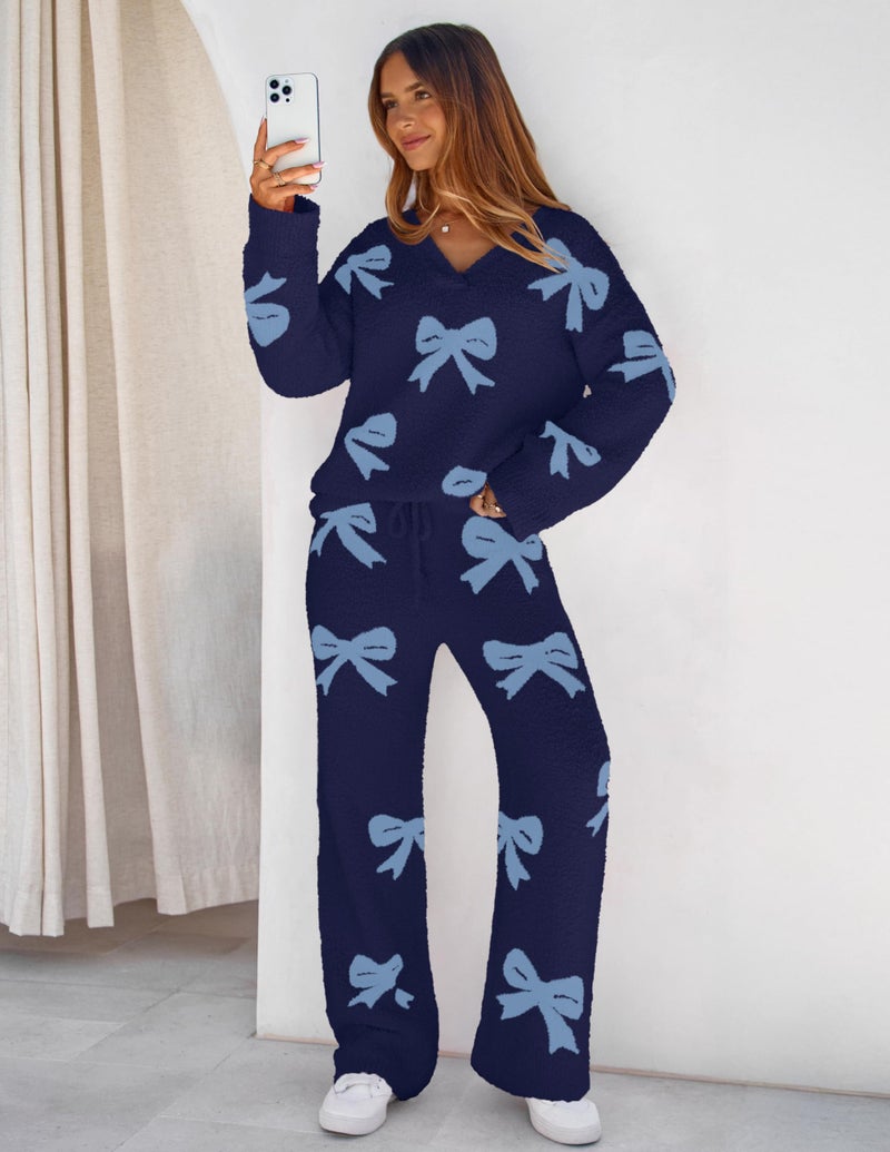 MEROKEETY Women's 2 Piece Outfits Fuzzy Fleece Pajama Set Long Sleeve Top Wide Leg Pants Loungewear, Bownavy, X-Large - Image 4