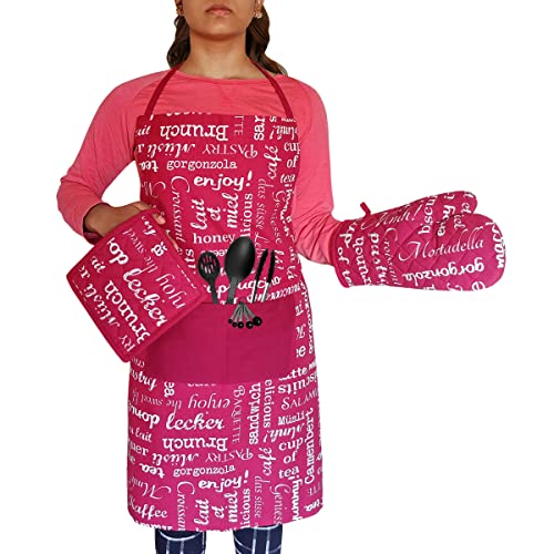 zebaya home 100% Cotton Designer Apron & Oven Mitten with Pot Holder Set - Image 1