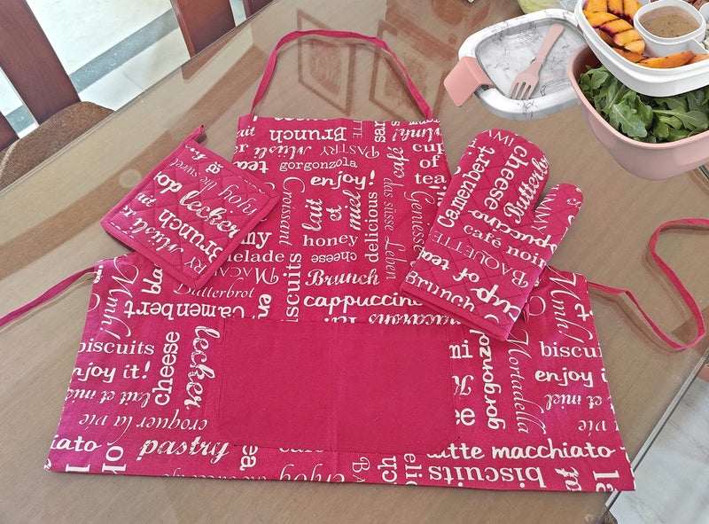 zebaya home 100% Cotton Designer Apron & Oven Mitten with Pot Holder Set - Image 2