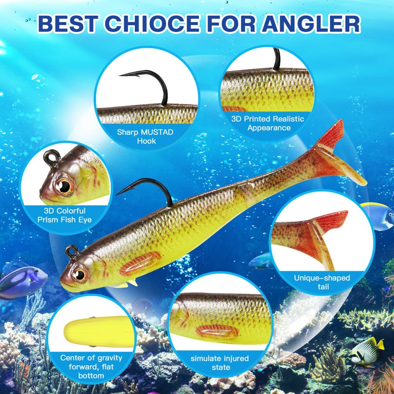 FONMANG 6-Piece Swim Baits for Bass Fishing, Pre-Rigged Jig Heads Soft Plastic Walleye Fishing Lures, Paddle Tail Swimbaits for Bass Fishing, Fishing Bait for Freshwater Saltwater Gifts - Image 2