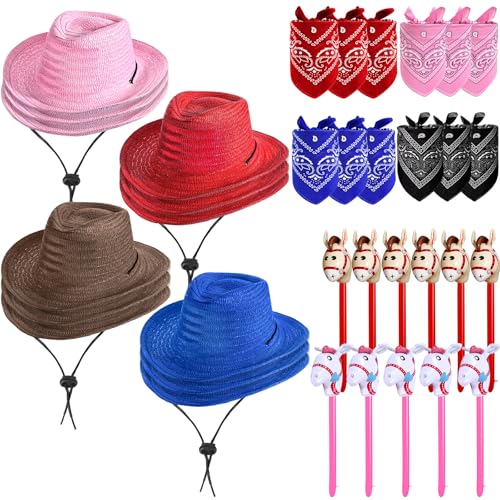 Toulite 36 Pcs Western Cowboy Party Costume Set Cowboy Hats Paisley Bandanas Inflatable Stick Horses for Western Party FavorsMix Color - Image 1