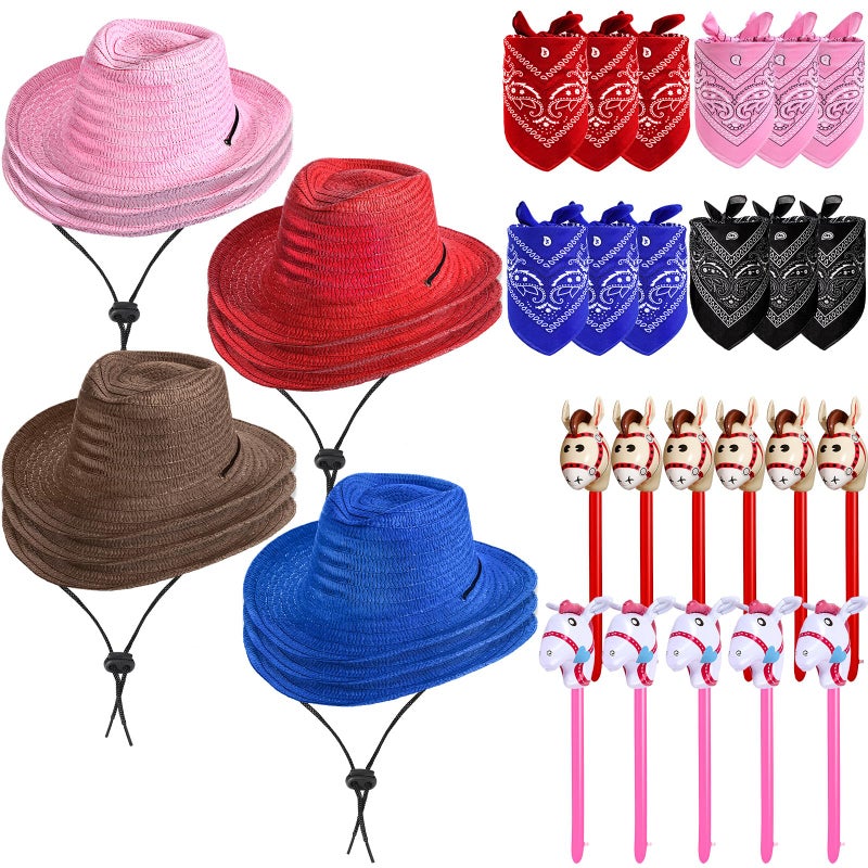 Toulite 36 Pcs Western Cowboy Party Costume Set Cowboy Hats Paisley Bandanas Inflatable Stick Horses for Western Party FavorsMix Color - Image 3