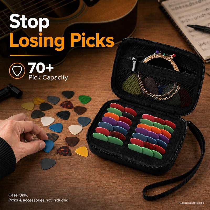 ALKOO 70+ Guitar Pick Holder Case for Fender for D'Addario for ChromaCast for JIM DUNLOP for Acoustic Strings, Guitar Pick Organizer, Capo, String Winder, Bridge Pins, Guitar Player Accessory Kit (Black) - Image 5