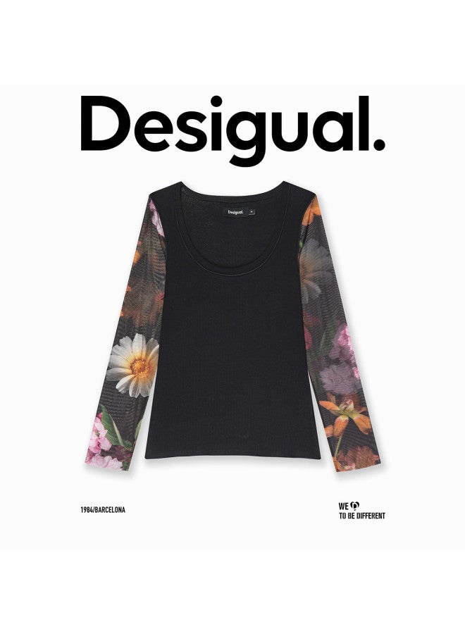 DESIGUAL women's T-shirt With Double Sleeve Floral Print And Mesh Panels - Spring/summer 2025 Collection - Image 2