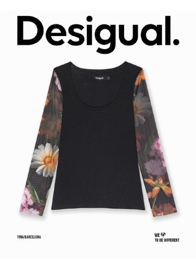 DESIGUAL women's T-shirt With Double Sleeve Floral Print And Mesh Panels - Spring/summer 2025 Collection - Image 1