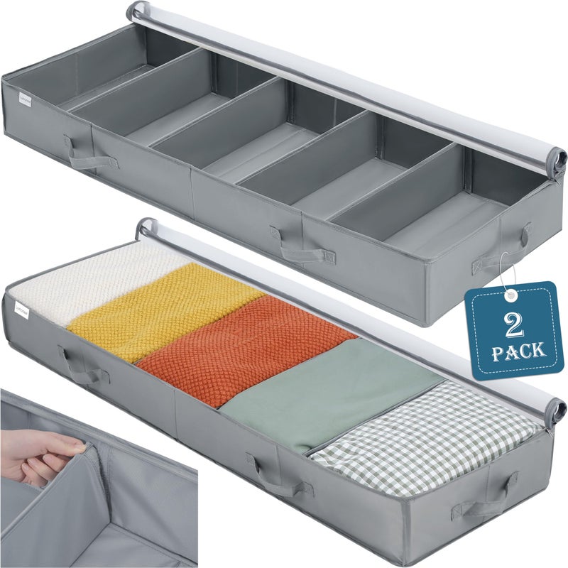 LUVHOMEE Under Bed Storage Containers, 2 Pack Under the Bed Bags, Clear Underbed Storage Bins with Sturdy | Adjustable Dividers | Sidewalls | Bottom, Closet Organizer for Clothes Sheet Blankets, 47.5x16x6in - Image 1