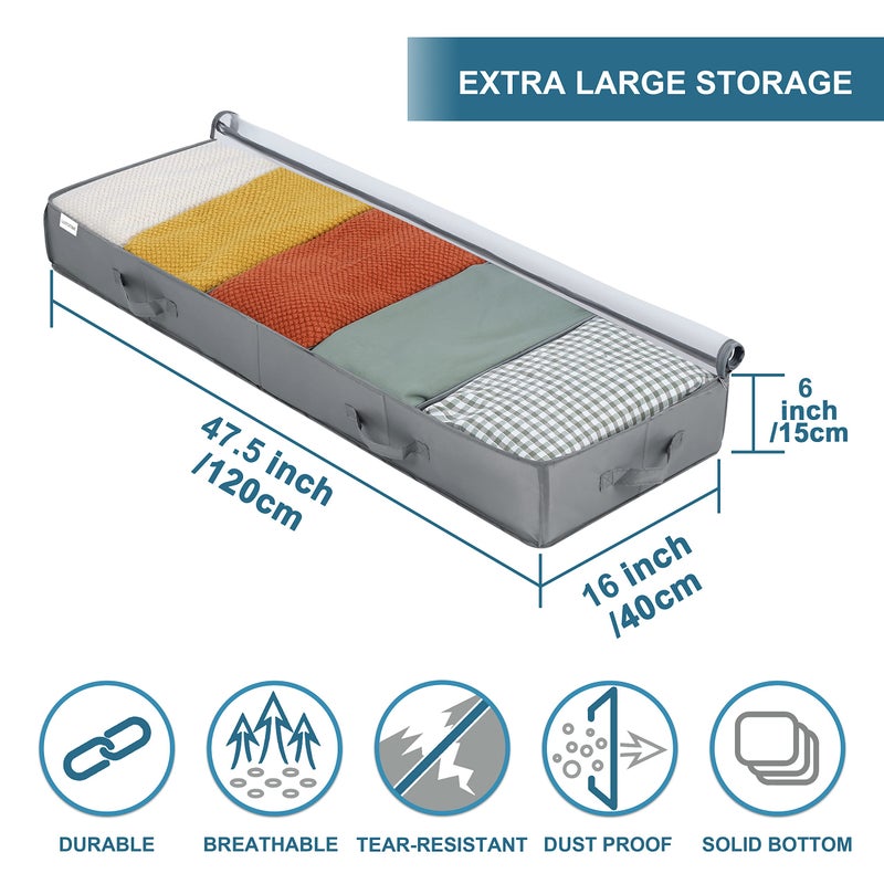 LUVHOMEE Under Bed Storage Containers, 2 Pack Under the Bed Bags, Clear Underbed Storage Bins with Sturdy | Adjustable Dividers | Sidewalls | Bottom, Closet Organizer for Clothes Sheet Blankets, 47.5x16x6in - Image 2