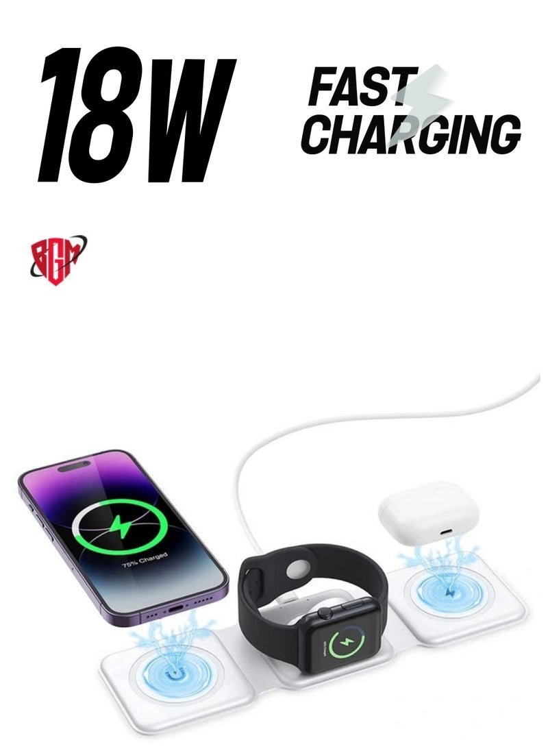 BGM - 3 in 1 Wireless Charger, Foldable Magnetic Charger Station, 18W Fast Wireless Charging Pad, Compatible with iPhone 14/13/12/11, Samsung, AirPods, Google Pixel, i-Watch - Image 1