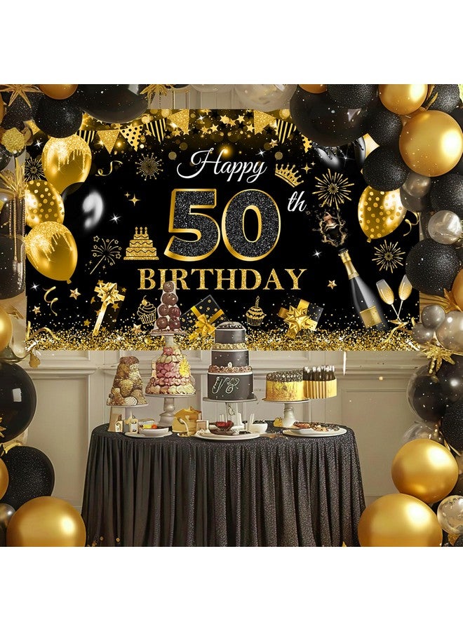 Avezano لافتة عيد ميلاد سعيد 50 لأجل الرجال والأولاد باللون الأسود والذهبي مع بالونات لامعة 50 لعيد الميلاد خلفية لحفلة عيد الميلاد 50 سنة خلفية صور عيد الميلاد لوازم الحفلات 70.8 × 43.3 بوصة - Image 2