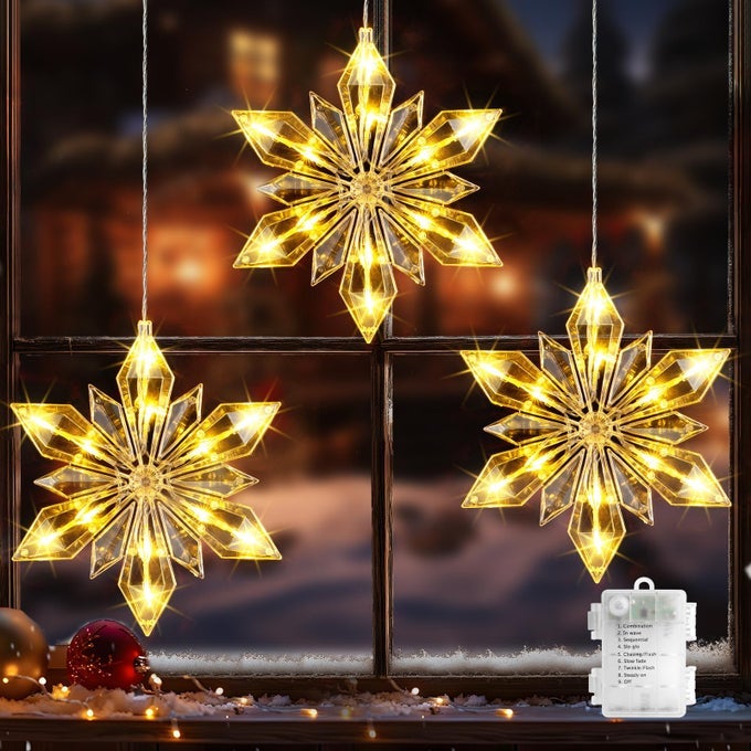 CHRISTMAS SNOWFLAKE WINDOW LIGHTS 3PACK 36LED BATTERY POWERED CHRISTMAS WINDOW LIGHTS WATERPROOF SNOWFLAKE CURTAIN LIGHTS WITH TIMER 8 MODES FOR INDOOR OUTDOOR XMAS DECOR