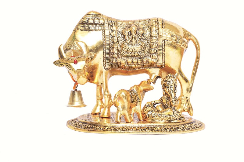 KridayKraft Kamdhenu Cow,Calf with Bal Gopal Krishna Metal Statue for Good Luck,Feng Shui As Table Top Figurine,Vastu,Religious Gau MATA Idol,Animal Showpiece Figurines,Gift Article. - Image 3