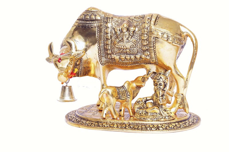 KridayKraft Kamdhenu Cow,Calf with Bal Gopal Krishna Metal Statue for Good Luck,Feng Shui As Table Top Figurine,Vastu,Religious Gau MATA Idol,Animal Showpiece Figurines,Gift Article. - Image 5