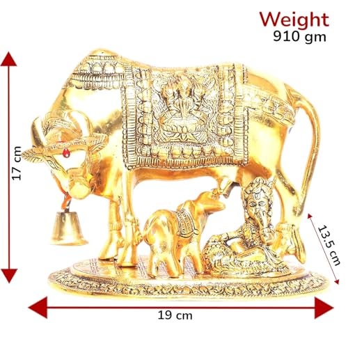KridayKraft Kamdhenu Cow,Calf with Bal Gopal Krishna Metal Statue for Good Luck,Feng Shui As Table Top Figurine,Vastu,Religious Gau MATA Idol,Animal Showpiece Figurines,Gift Article. - Image 2