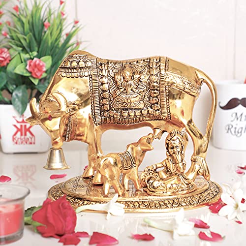 KridayKraft Kamdhenu Cow,Calf with Bal Gopal Krishna Metal Statue for Good Luck,Feng Shui As Table Top Figurine,Vastu,Religious Gau MATA Idol,Animal Showpiece Figurines,Gift Article. - Image 1