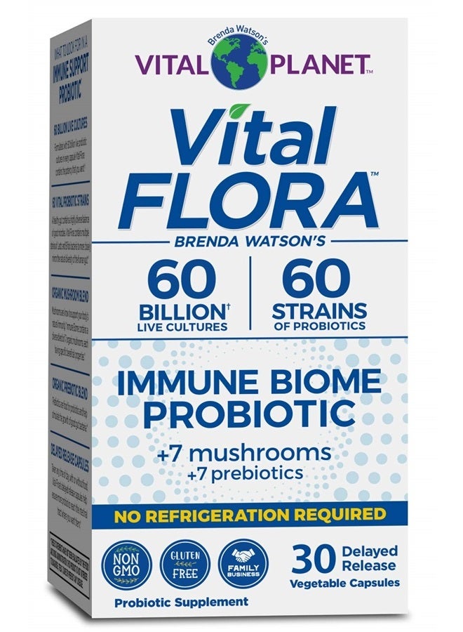 Vital Planet Vital Flora Immune Biome Shelf Stable Probiotic 60 Billion, Digestive Support Probiotics for Women and Men with Prebiotics and Organic Mushrooms, 30 Capsule - Image 1