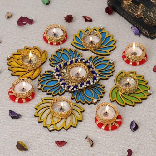 Sanvatsar Decorative Lotus Diya Set | Blue, Floral Scented, 9 Count, Diya Set, Candle Holder, New Year, Diwali, Wedding, Birthday, Blue, Plastic, Designer, Decorative, 16x16 Inches, 5x6 cm, Indoor Use - Image 3