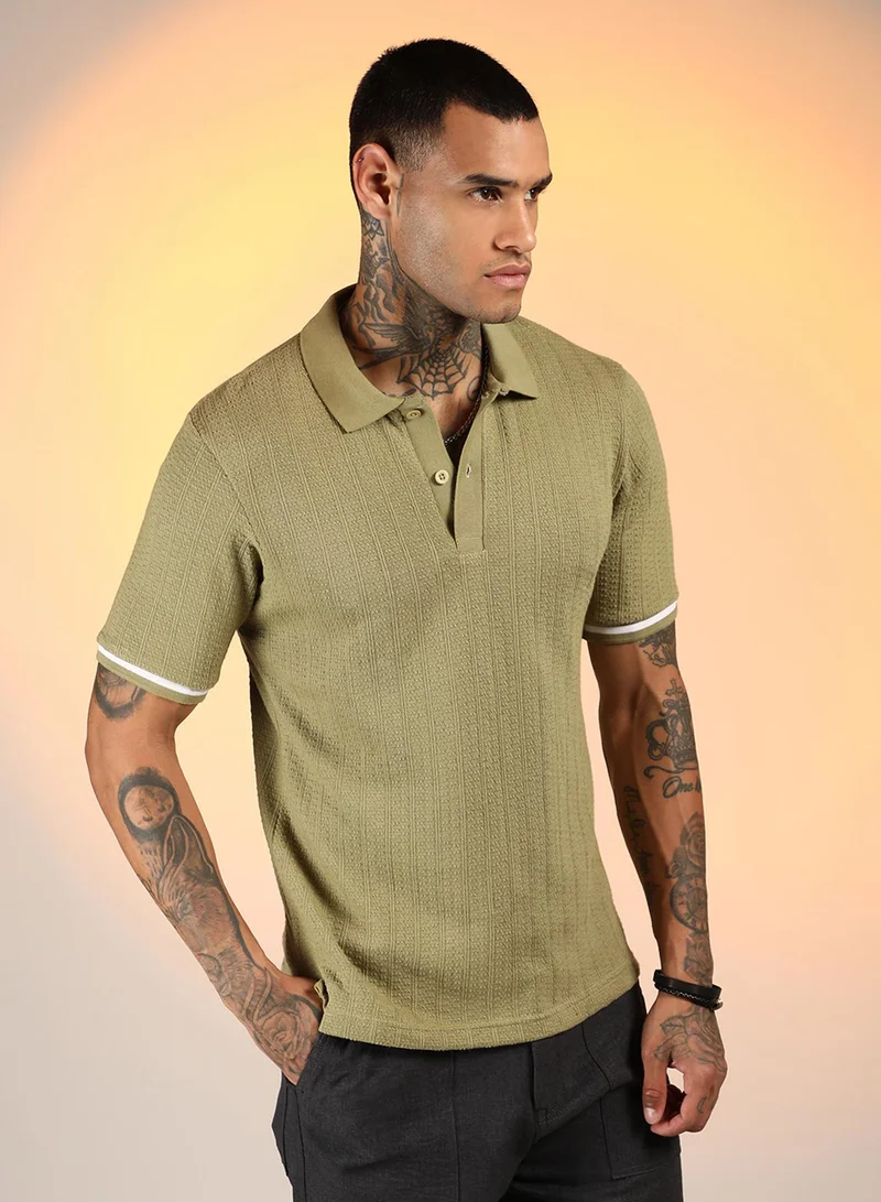 Campus Sutra Men's Olive Green Textured Polo T-Shirt